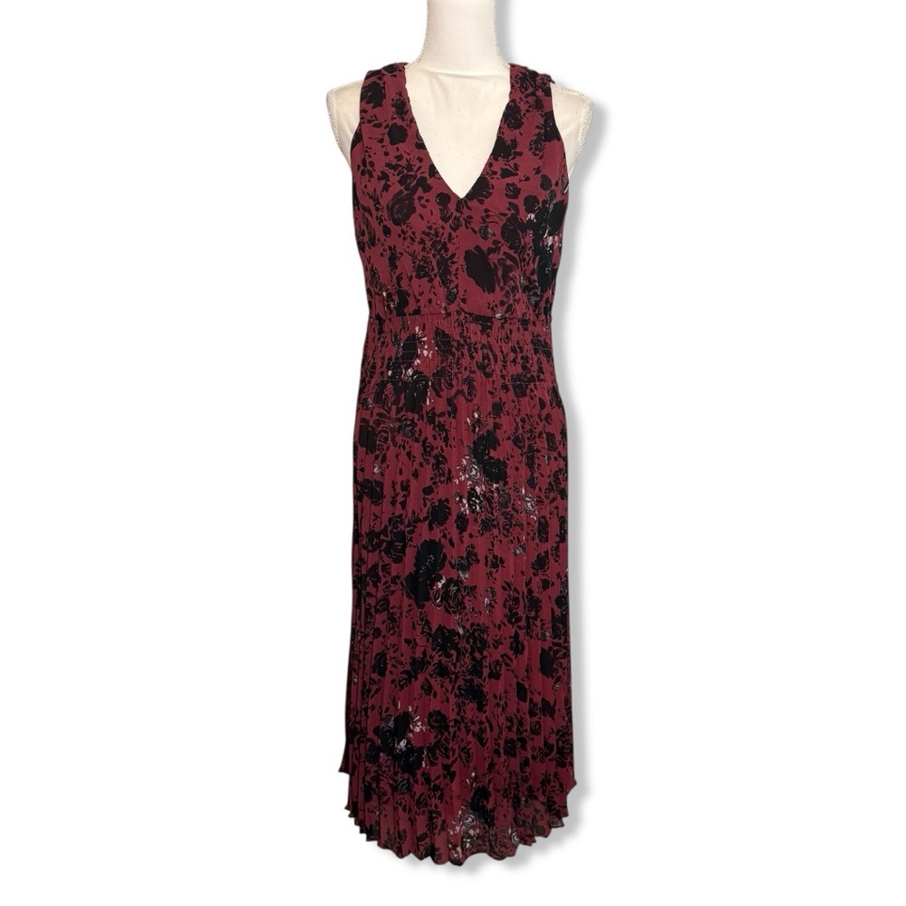 Just Taylor Sz 10 Burgundy Maroon Black Floral Print Sleeveless Maxi Dress VNeck